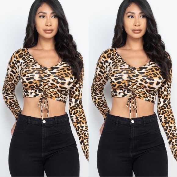 LEOPARD PRINT LONG SLEEVE RUCHED CROPPED TOP SHIRT - Picture 1 of 6